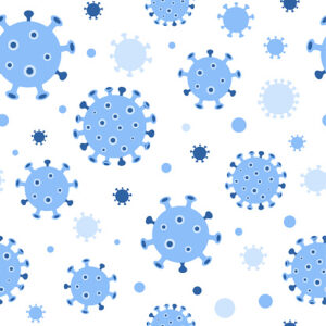 Virus Corona seamless pattern in blue colors. Coronavirus COVID 19 bacteria background. Respiratory virus banner. Vector illustration. Concept coronavirus COVID-19 in simple style. Virus wuhan China.